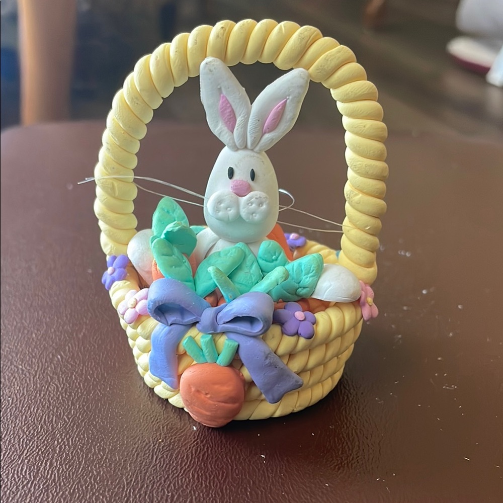 Easter Bunny in Yelloe Basket Figurine with carrots